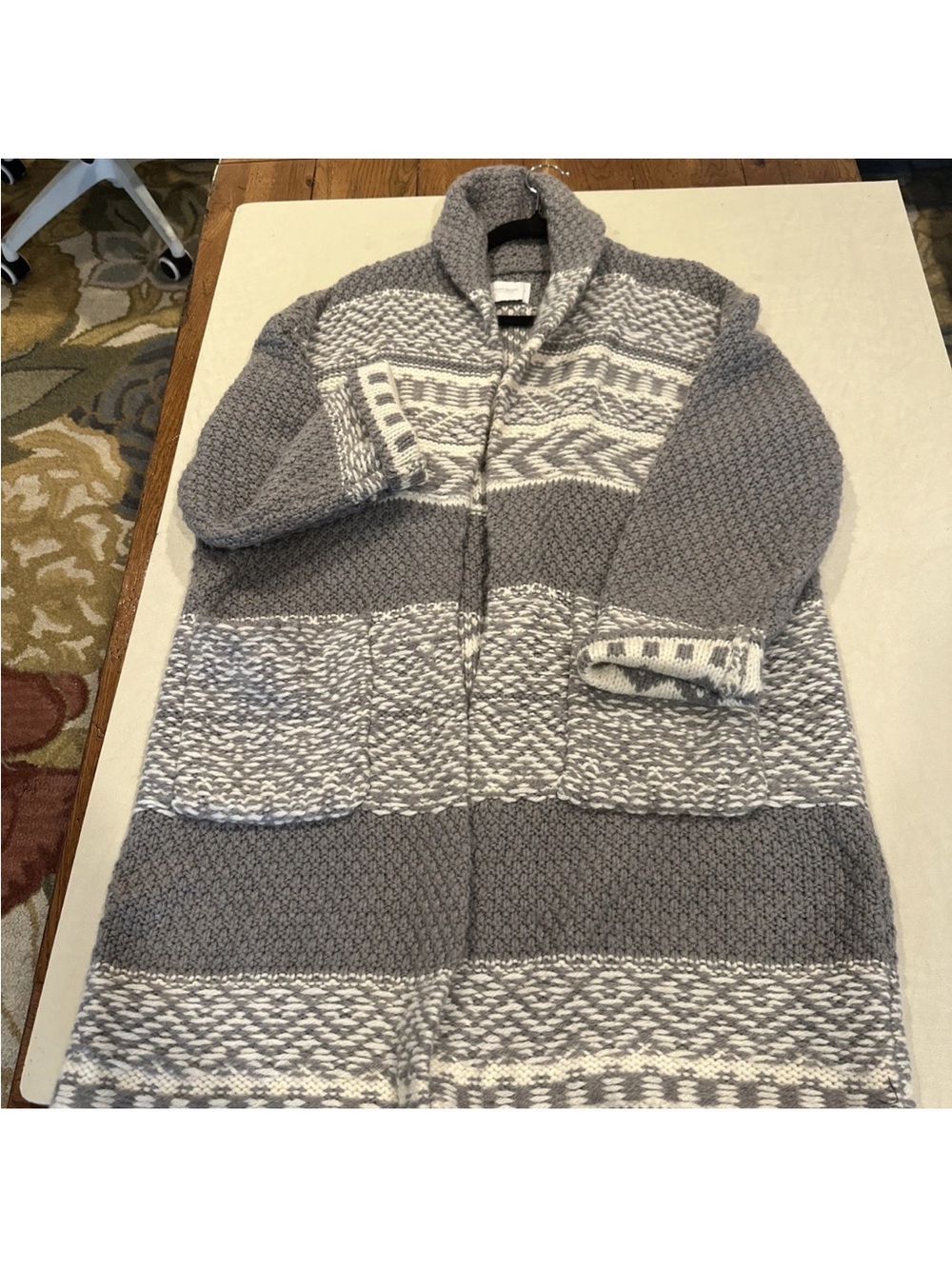 Lucky Brand LG Gray Nordic Fair Isle Wool Blend Long Open Cardigan Sweater Coat - Picture 4 of 8